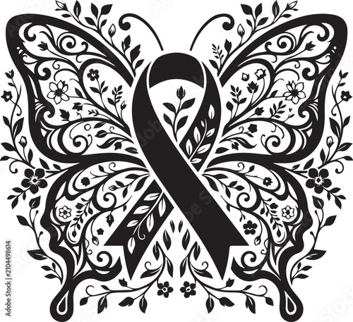 Symmetric butterfly wings silhouette with ribbon and floral motifs for health awareness programs and decorative vinyl cutting art.