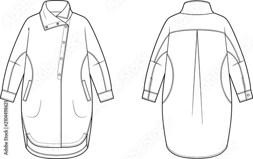 Fényképezés MobileFashion technical sketch of asymmetrical long jacket coat showing front an