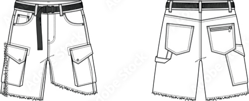 Obraz na plátně MobileFashion technical sketch of asymmetrical raw hem cargo shorts showing fron