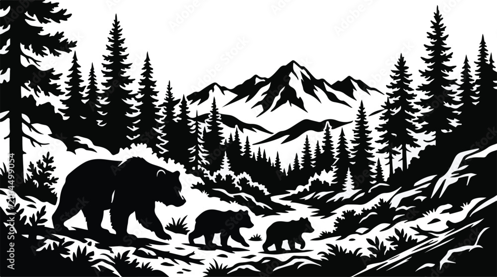 Fototapeta premium Vintage bear family silhouette in mountain forest, rustic wildlife landscape vector, black and white grizzly bear cubs in pine tree wilderness