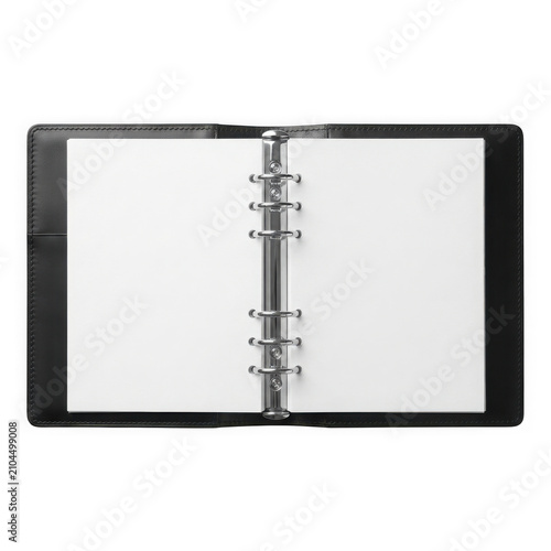 Open black ring binder notebook with blank white pages for writing notes