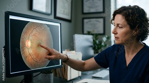 Ophthalmologist examining a digital scan of a human retina on a monitor in a clinical office setting with eye care, health care