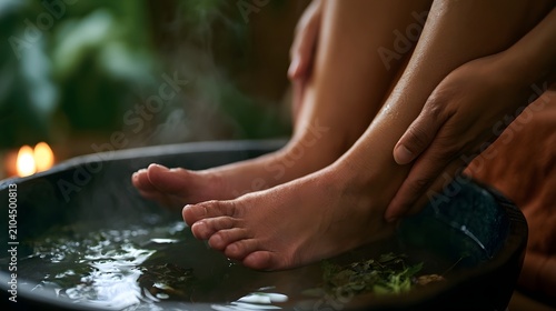 A person gently massaging their own feet while soaking them in a steaming herbal foot bath surrounded by soft natural light