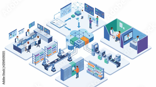 Modern office workspace with digital technology and team collaboration.