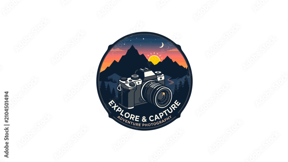 Fototapeta premium Vintage camera captures a breathtaking mountain landscape at sunset with stars appearing.
