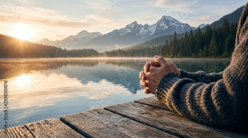 Serene Morning Sunrise Over Mountain Lake With Person Praying On Wooden Dock