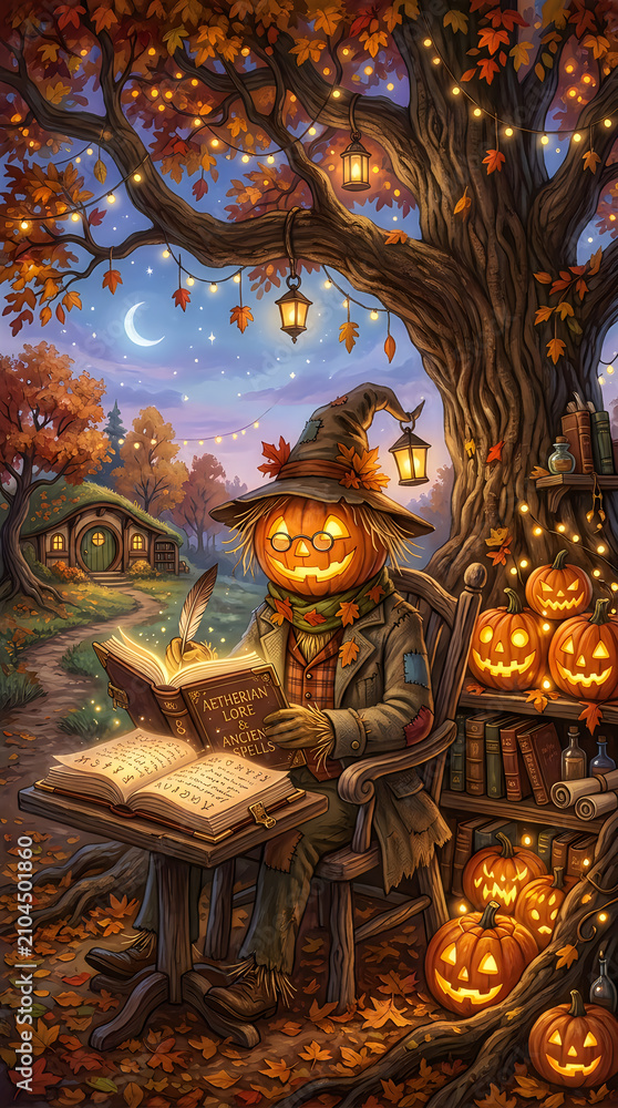 Fototapeta premium Charming halloween scarecrow reading spooky tales under autumn trees with jack o' lanterns