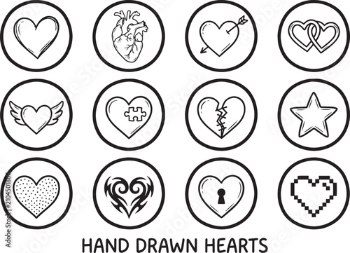 Set of hand drawn heart icons in round frames for valentines day design.