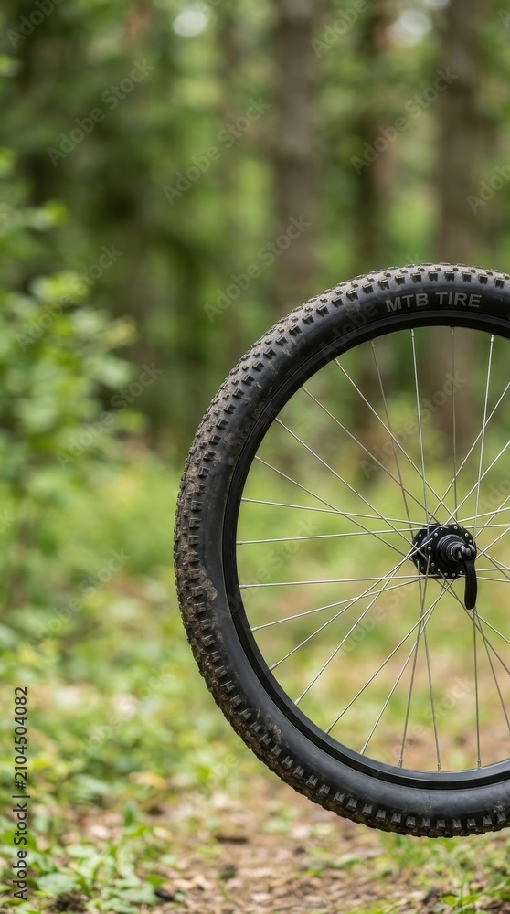 Naklejka premium Mountain bike wheel in forest
