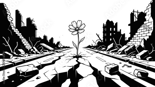 Flower Growing Through Destroyed City Street Vector