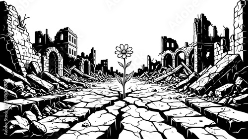 Blooming Flower in Post War City Vector Illustration
