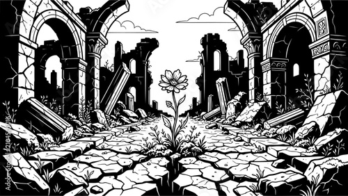 Flower Growing Inside Ruined Stone Corridor Vector