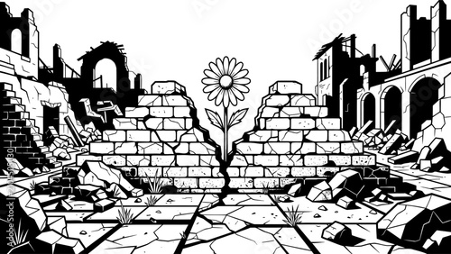 Flower Growing Through Broken Wall Vector Illustration
