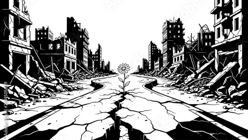 Flower Blooming Through Cracked City Street Vector