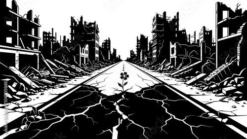 Hope Flower Growing Along Ruined City Road Vector