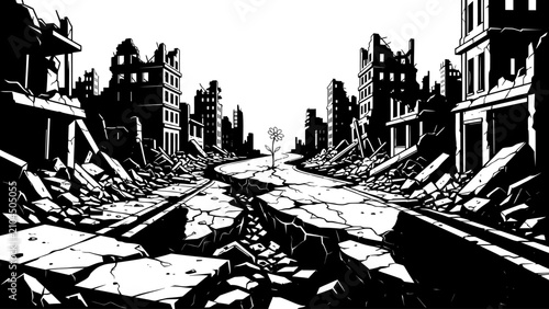 Hope Flower in Destroyed Urban Landscape Vector