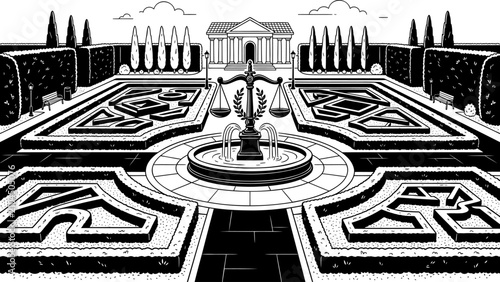 Formal Justice Garden With Courthouse Vector Illustration