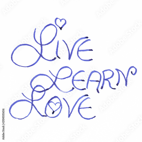 Obraz na plátne Curved handwritten words Live Learn Love in blue ink on white background