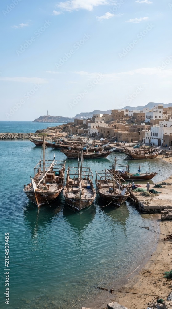 Fototapeta premium Traditional wooden dhow boats in a coastal harbor