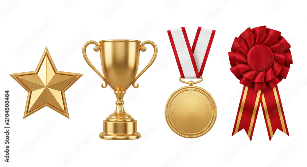 Obraz premium Gold star trophy medal and red ribbon award set