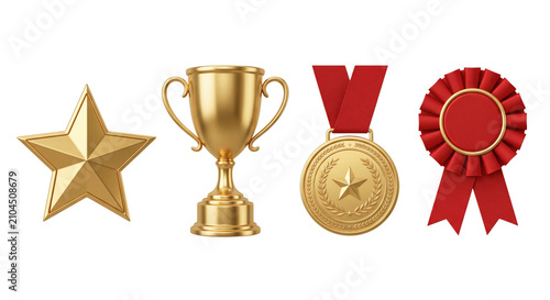 Obraz na plátne Golden award star trophy gold medal and ribbon set