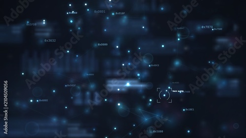 Blue digital data network with code and tracking interface technology background