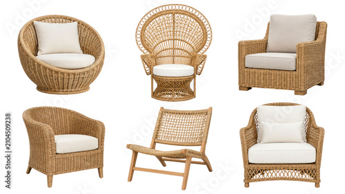 Six natural rattan and wicker armchairs with beige and cream cushions, assorted styles including peacock, round bowl, lounge and club designs on a transparent background