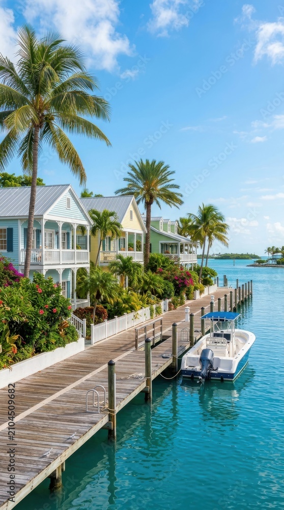Fototapeta premium Coastal wooden dock with moored motorboat and colorful beach houses