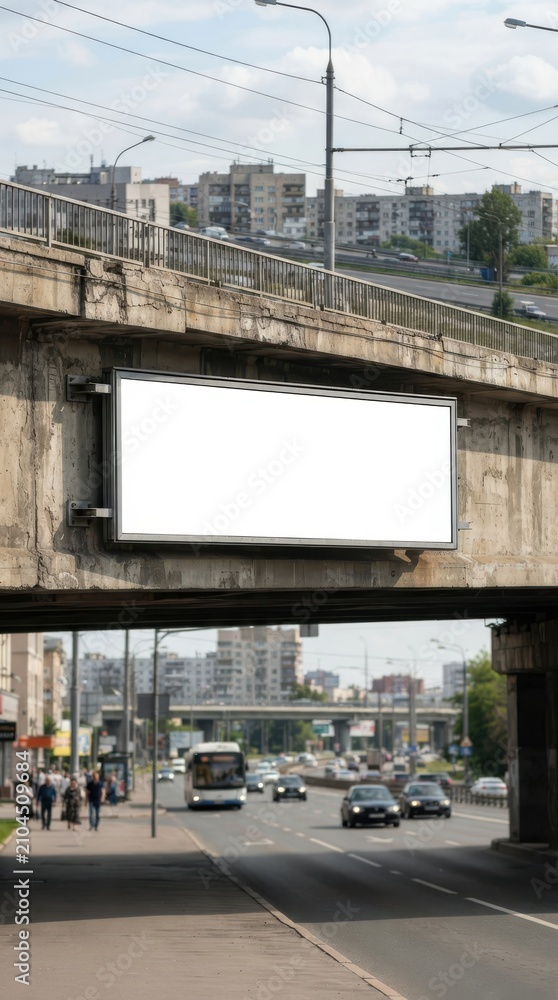 Fototapeta premium Blank billboard on a concrete overpass above city traffic