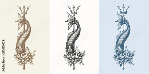 Fotografie Three vertical of a trident entwined with a fish tail and floral bouquet, render