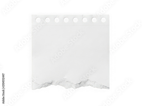 Square piece of white paper with a torn bottom edge and spiral notebook holes at the top