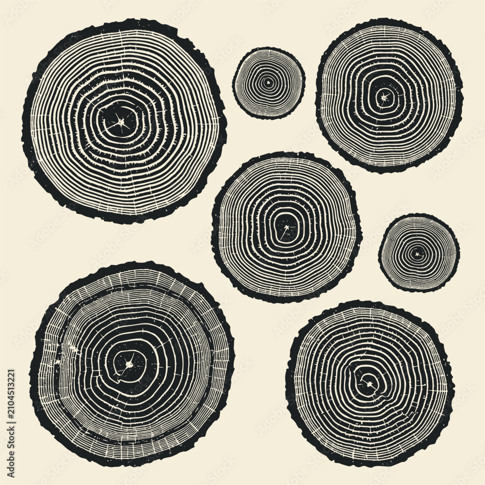 Fototapeta premium A set of seven black wood ring illustrations showing annual growth patterns with a rustic feel on a bright neutral backdrop.