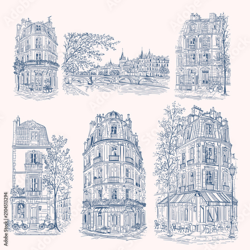 Collection of vector European  buildings in vintage classic style French, Italian, Germany houses