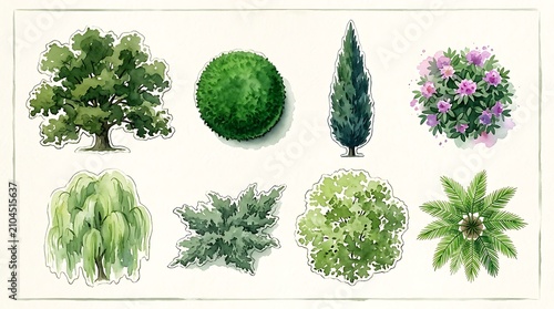 Set of various green trees and bushes for landscape design and garden architecture in a top down flat view style