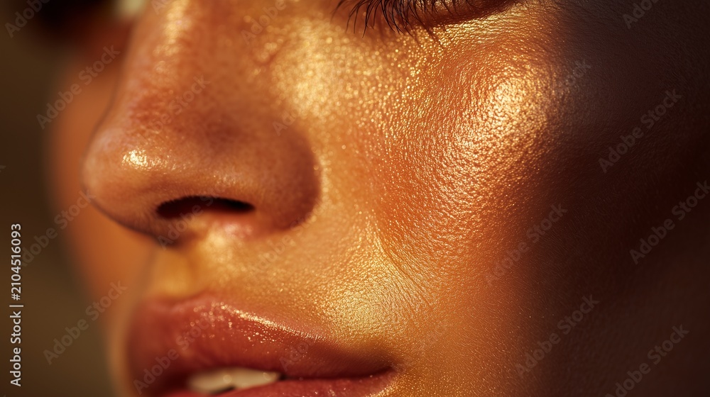 Naklejka premium Closeup of face with glossy nose, lip and eye area, symbolizing retinol care, glowing complexion, smooth texture and healthy radiance.