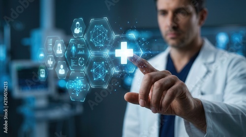 A doctor interacting with a digital health monitor system visualization using holograms.