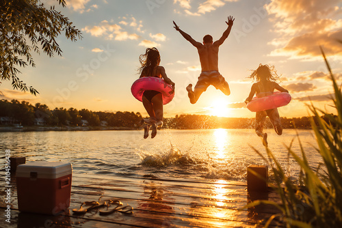 Friends having fun enjoying a summer day swimming and jumping at the lake.
