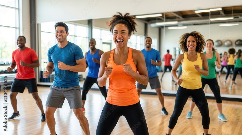Obraz premium A diverse group of people participating in a high energy fitness dance and aerobics class in a bright gym.