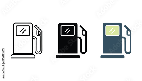 Gas station pump icons with electronic display screen in line art glyph and flat design styles for automotive service station branding and energy consumption reporting interface icons