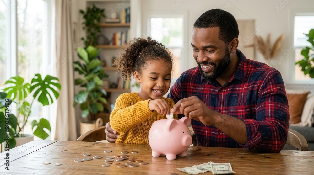 Fototapeta premium A smiling black father and young daughter learn about finance by putting coins in a piggy bank.