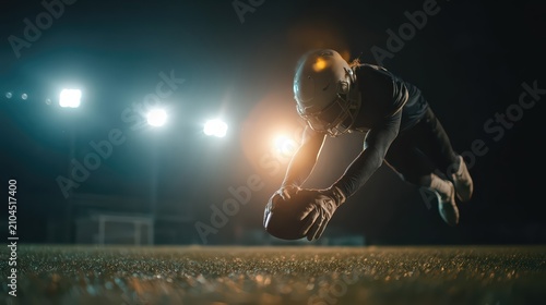 A football player dives dramatically for a touchdown in a brightly lit night stadium. The action highlights intensity and athleticism on the field.