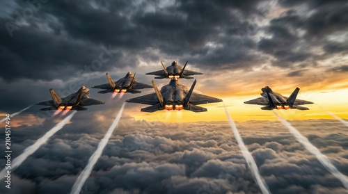 A squadron of five modern fighter jets soaring above clouds with glowing engines and contrails at sunrise.