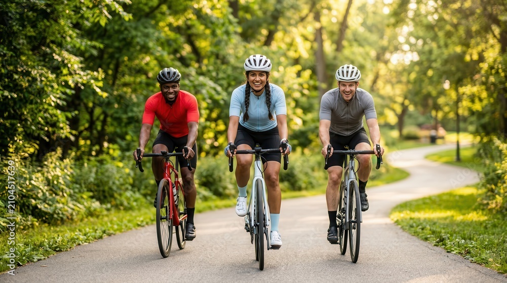 Fototapeta premium A group of three diverse friends enjoying a cycling trip on road bikes through a sunny green park.