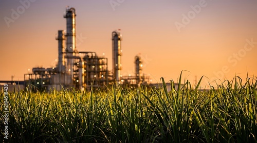 Sugar cane field with industrial refinery in background symbolizing biofuel production for energy transition