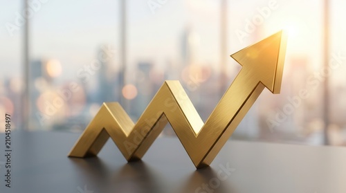 Business success and financial progress represented by a golden arrow chart and city background.