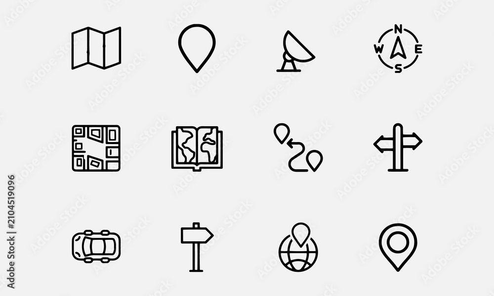 Fototapeta premium Maps line editable icon set. Containing maps, location, GPS, navigation, city map