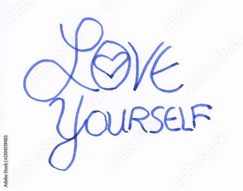 Canvastavla The image features the phrase Love Yourself written in blue handwriting on a white background