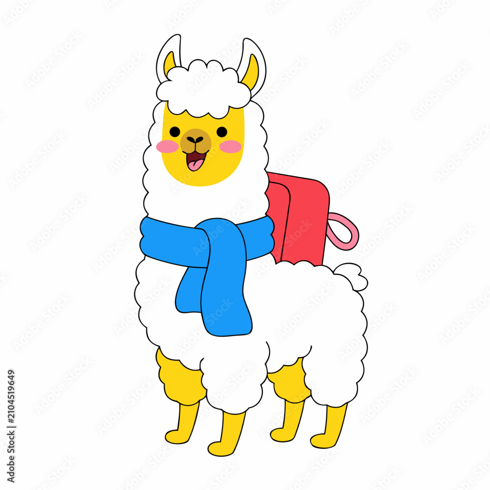 Fototapeta premium Excited Alpaca with with a scarf, set in a charming Back to school theme – Chalkboard Fun color vector art