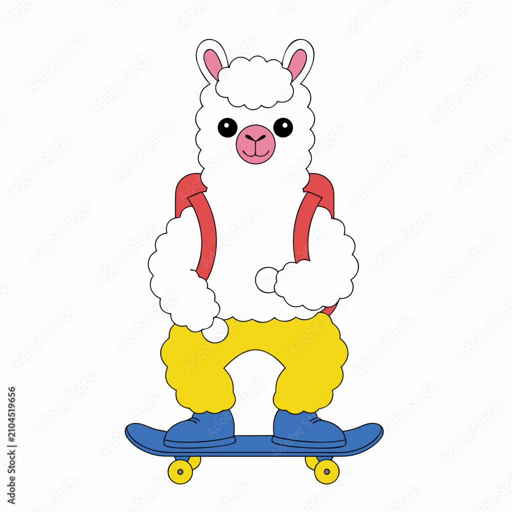 Fototapeta premium Chalkboard Fun themed SVG: Loving Alpaca with riding a skateboard in a Back to school environment