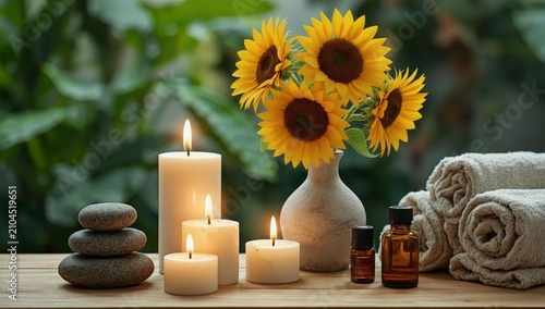 A luxurious aromatherapy scene featuring scented candles, Zen stones, sunflowers, and natural plant-based decorations.